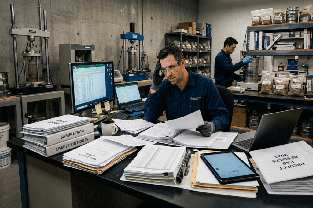 Geotechnical lab team reviewing workflow document to answer client question in 30 seconds